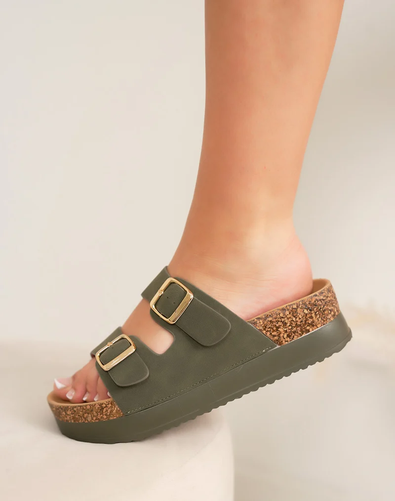 Mules femme kaki tendance à double brides et plateforme épaisse 4 cm