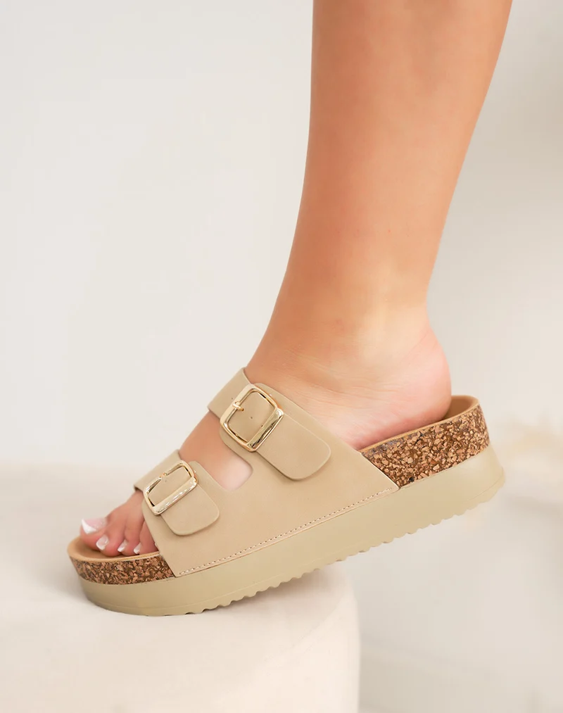 Mules femme beige élégantes à double brides et semelle liège épaisse