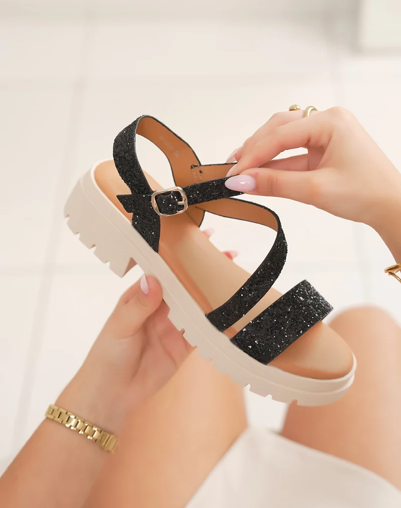 Nu-pieds femme noirs pailletés FINDLAY à lanières fines et semelle crantée