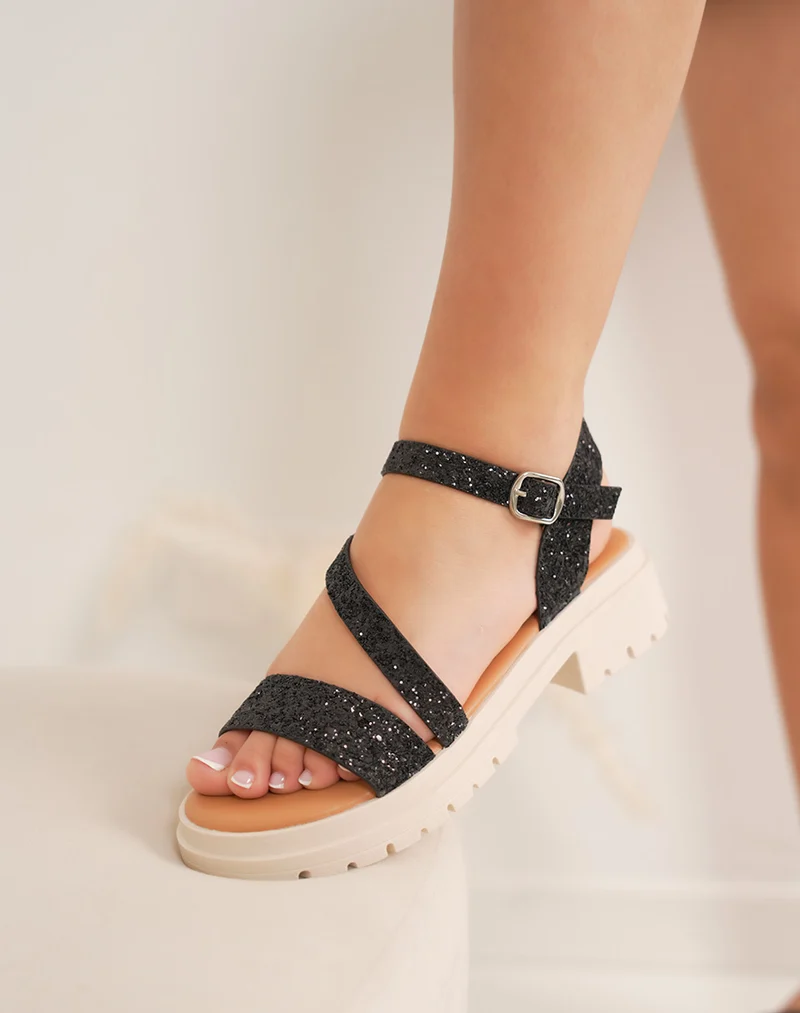 Nu-pieds femme noirs pailletés FINDLAY à lanières fines et semelle crantée