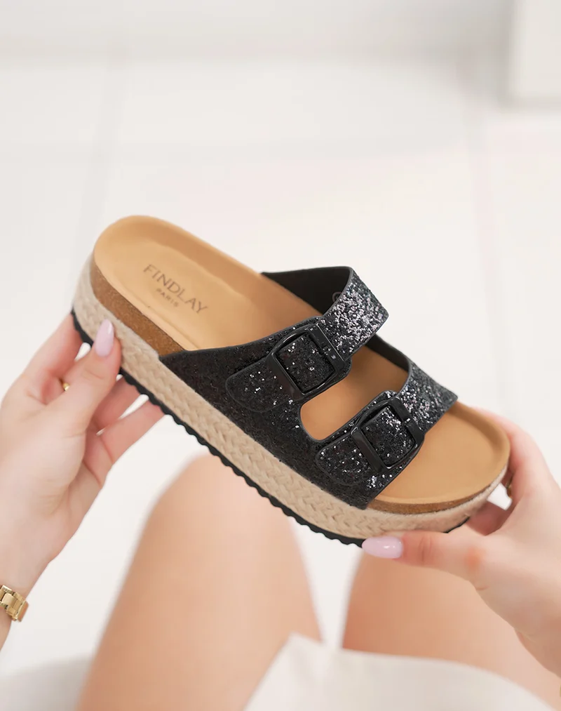 Mules femme noires pailletées FINDLAY à double sangle avec plateforme tressée 4 cm