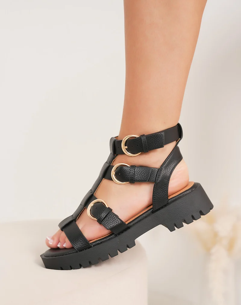 Nu-pieds femme noirs FINDLAY tendance à multiples sangles et détails dorés