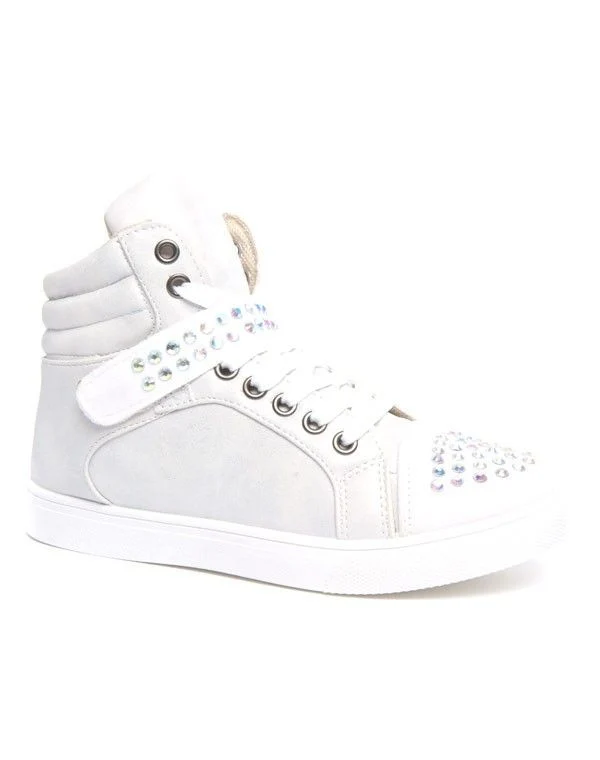 Baskets femme blanches à lacets scratch et strass