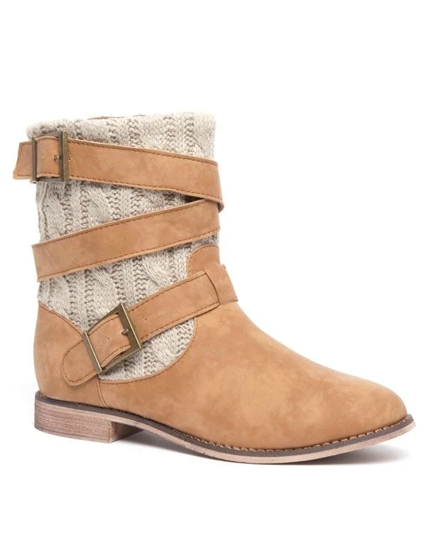 Botte courte camel avec maille textile et talon plat
