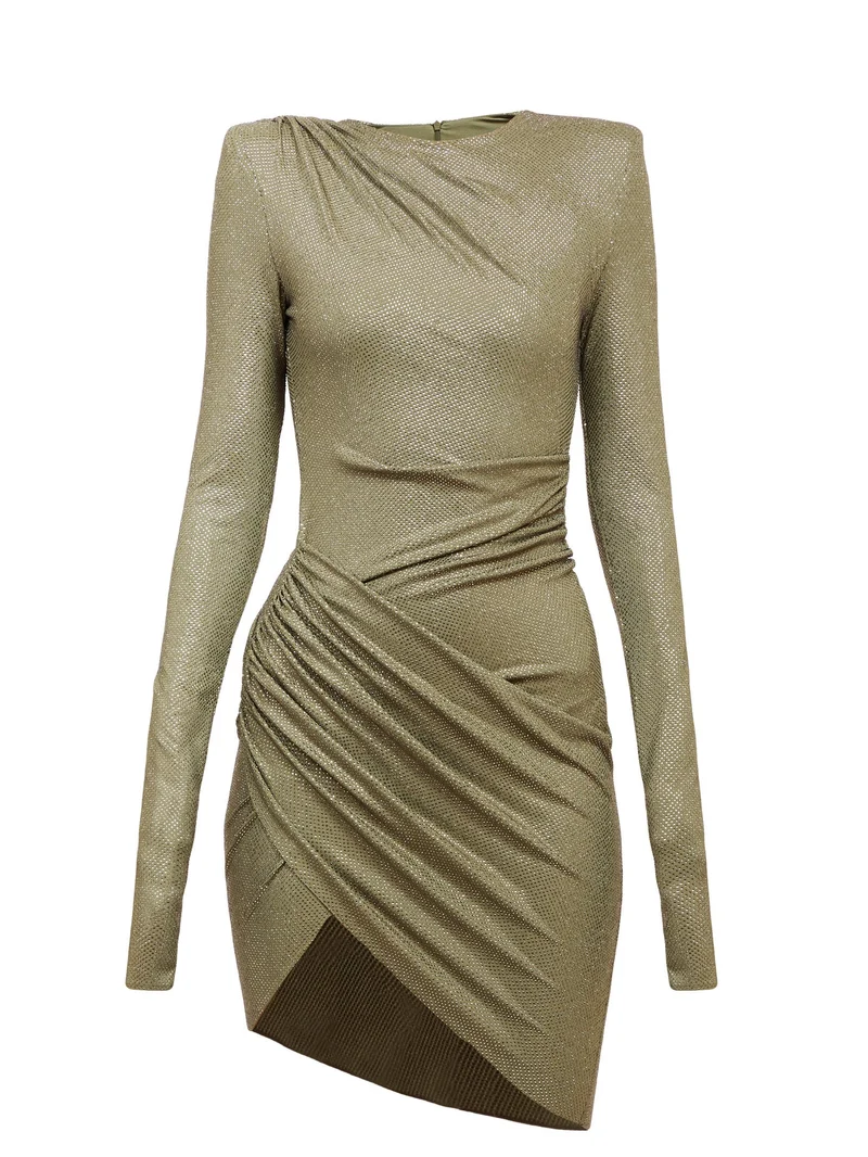 Micro crystal-embellished wrap-front mini dress
