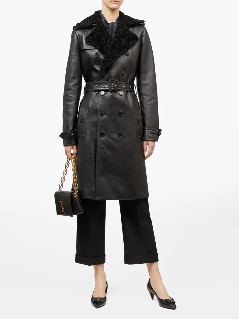 Double-breasted shearling trench coat