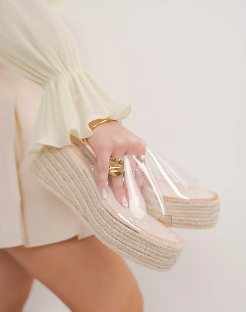 Mules compensées femme transparentes avec semelle effet corde tressée
