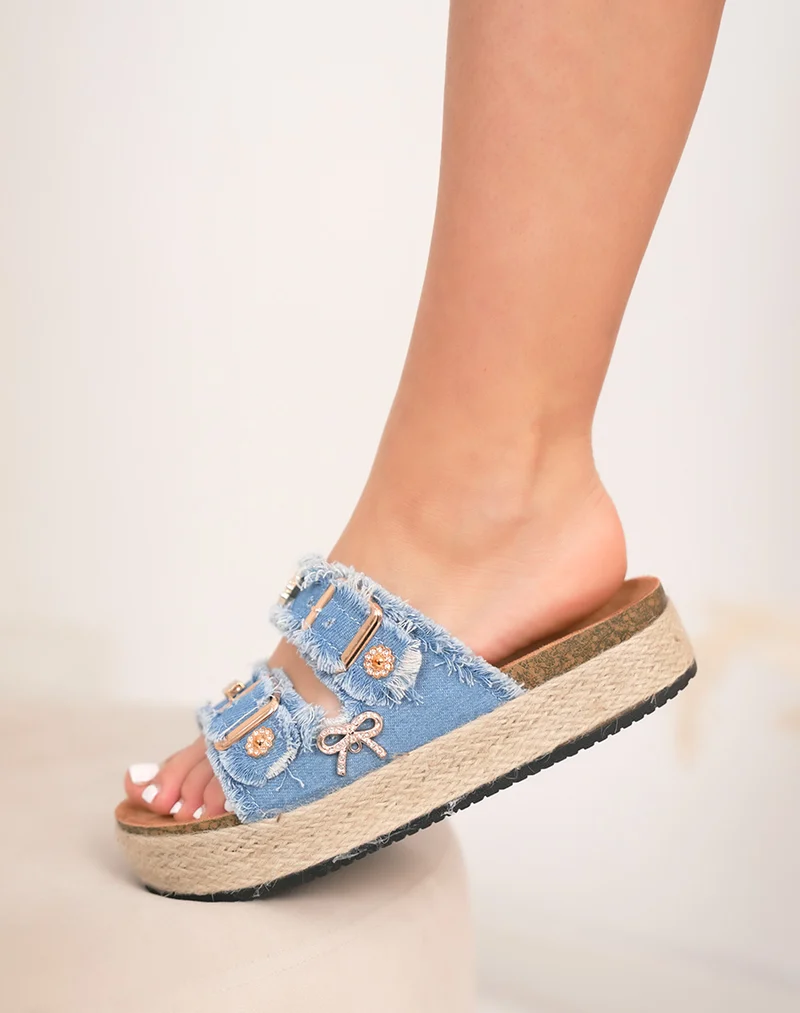 Mules femme jean bleu clair tendance avec strass et semelle tressée