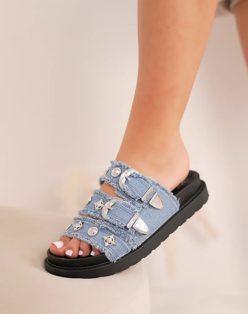 Mules femme effet jean avec brides bijou et plateforme noire ultra tendance