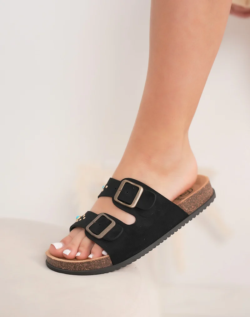 Mules femme noires tendance avec brides à bijoux œil doré et bleu