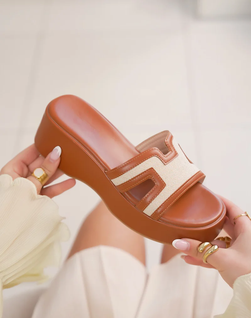 Mules femme camel compensées tendance à lanière tissée