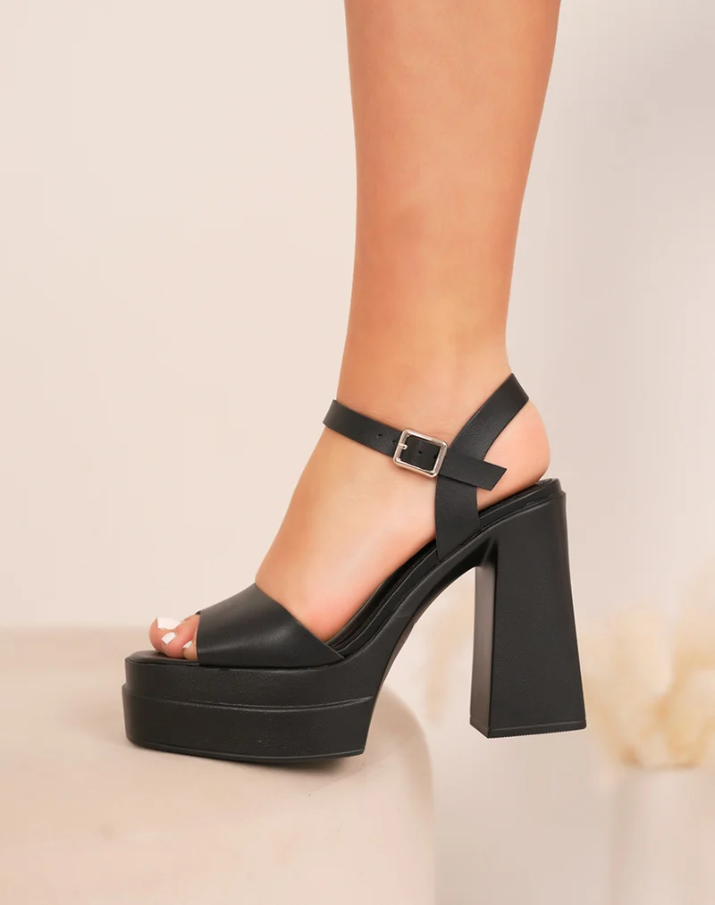 Sandales femme noires à talon haut épais avec plateforme et bride ajustable