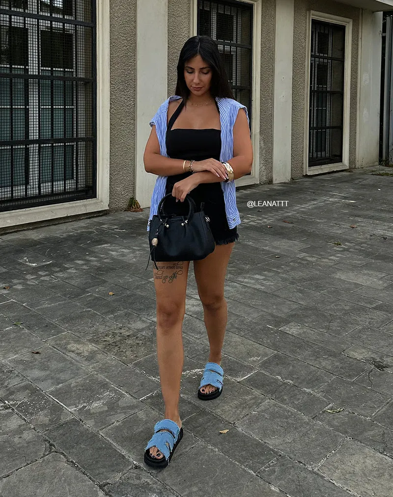 Mules femme en jean bleu déchiré tendance à double brides et semelle noire