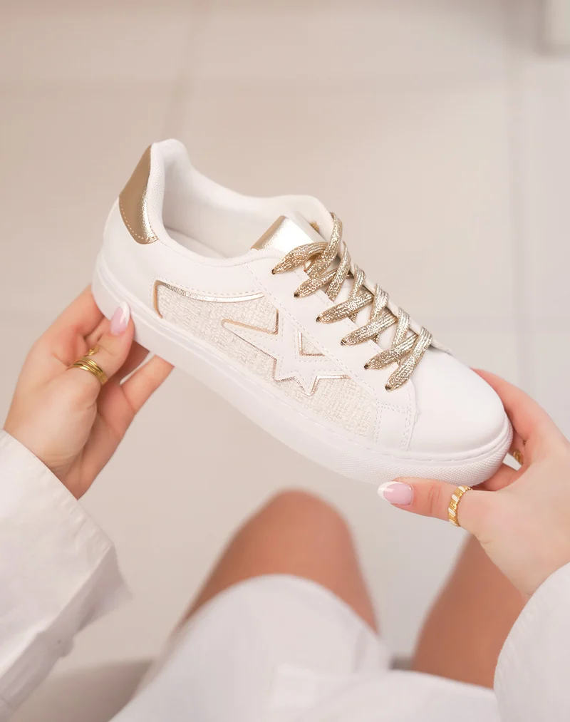 Baskets femme blanches tendance en tweed avec détails dorés et motif étoile