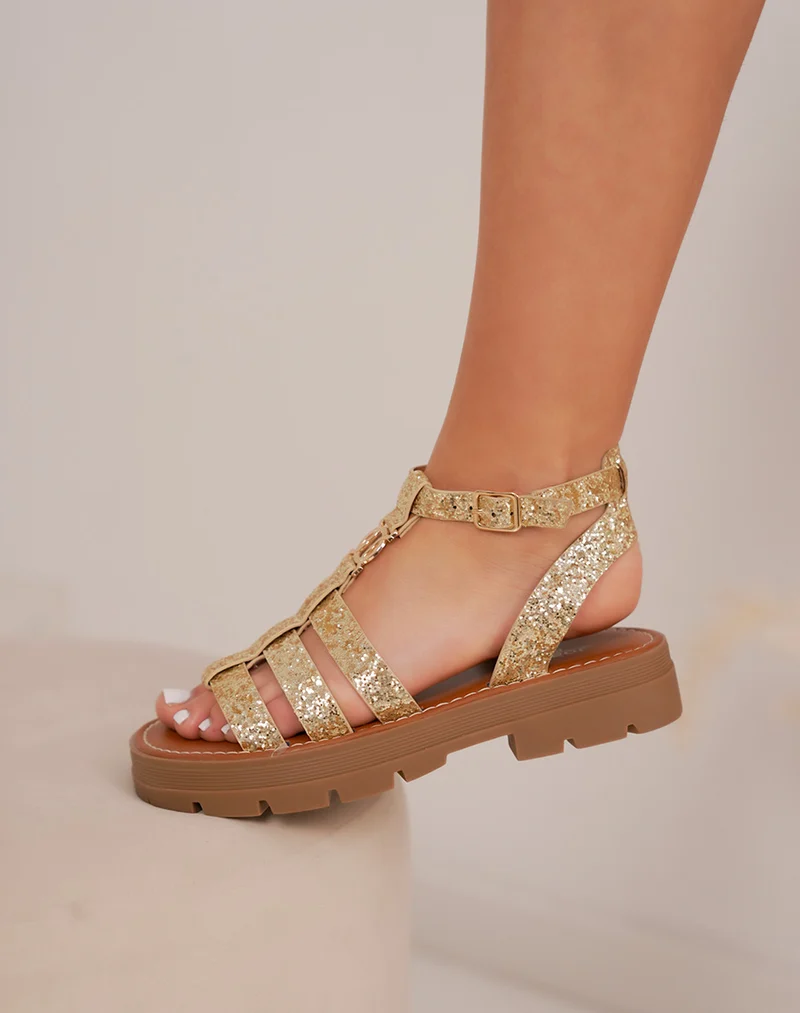 Sandales femme dorées pailletées à semelle crantée camel avec bijou chic