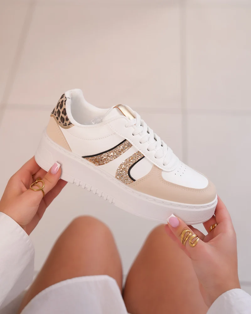 Basket beige femme avec détails léopard et paillettes dorées