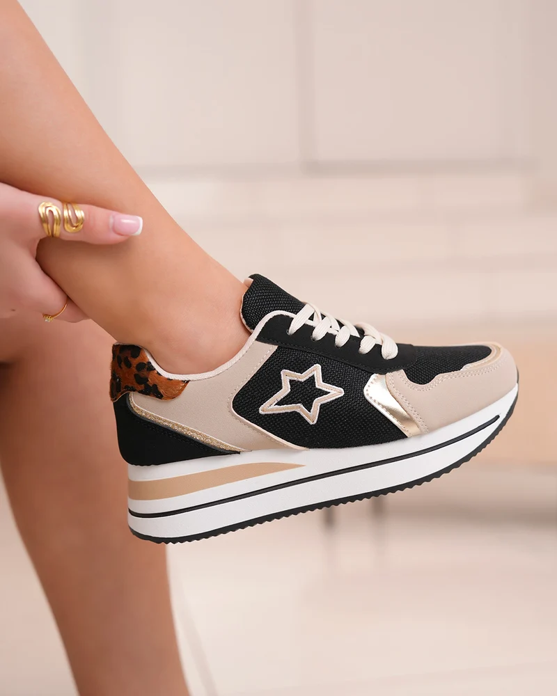 Basket femme noire et beige avec étoile tissée, détails dorés et motif léopard