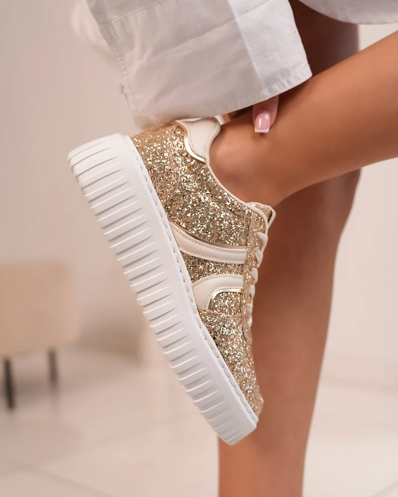 Basket femme pailletée dorée avec rayures beiges et semelle blanche