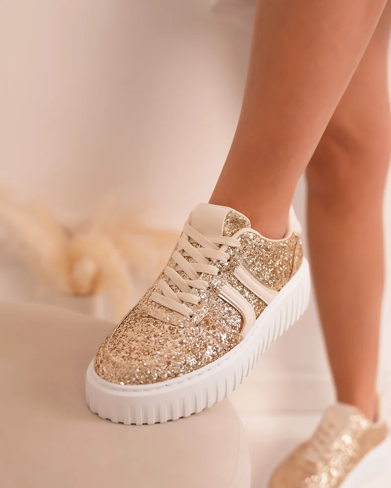 Basket femme pailletée dorée avec rayures beiges et semelle blanche