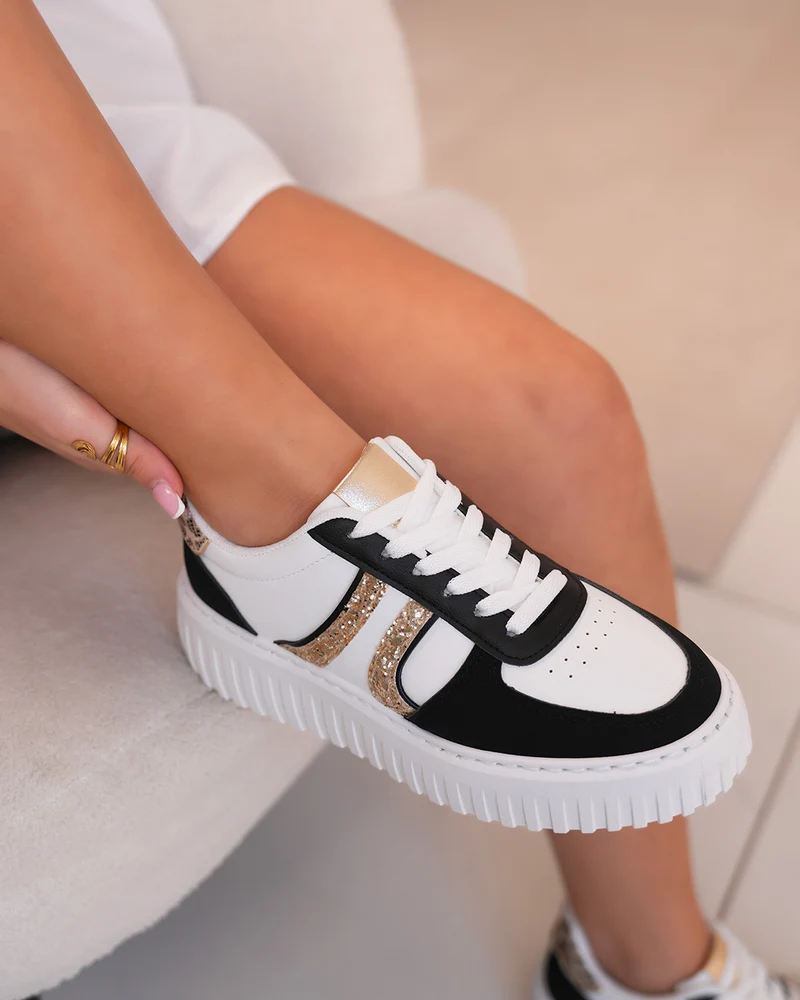 Basket femme blanche et noire tendance avec paillettes dorées et détail léopard