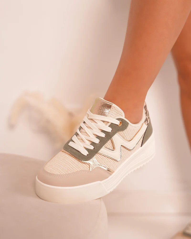 Basket Femme Beige et Vert avec Détails Dorés et Léopard