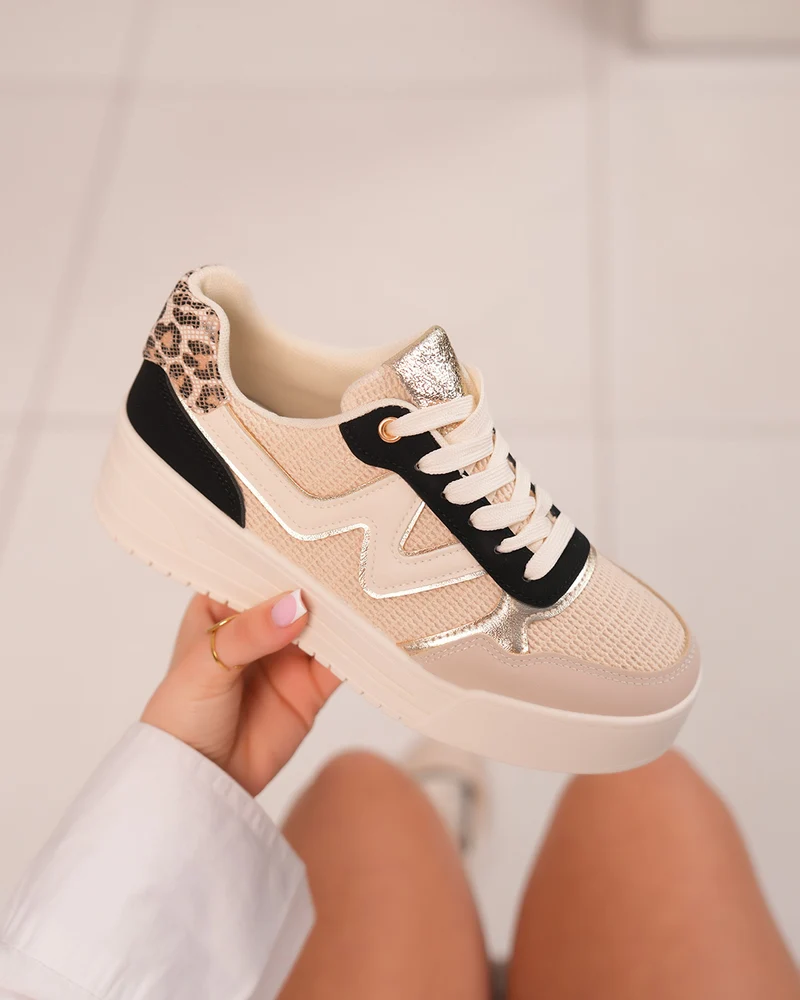 Basket Femme Beige Tissée avec Détails Dorés et Léopard