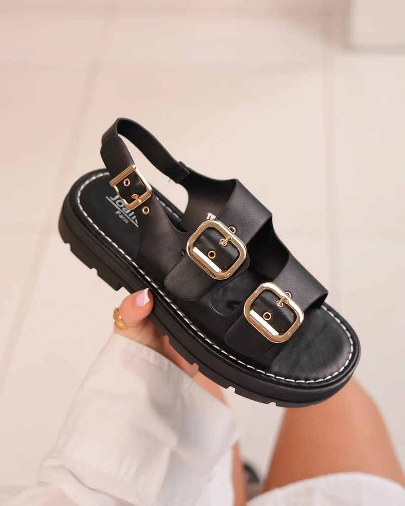 Mules Femme Noires avec Double Brides et Bride Arrière à Boucles Dorées