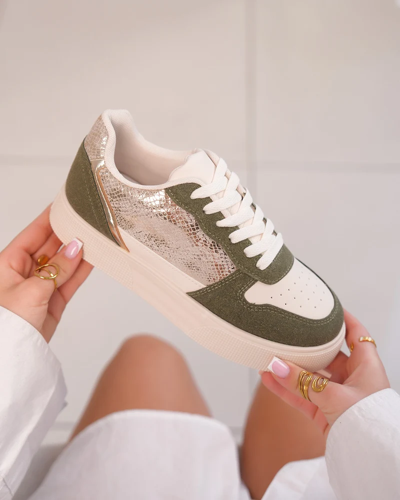 Basket femme blanche et verte avec détails dorés