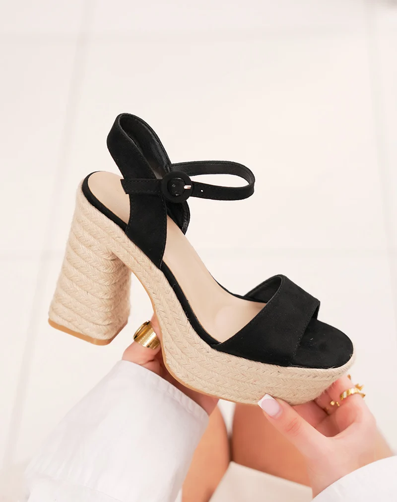 Sandales femme en suédine noire à talon en jute tendance et haut