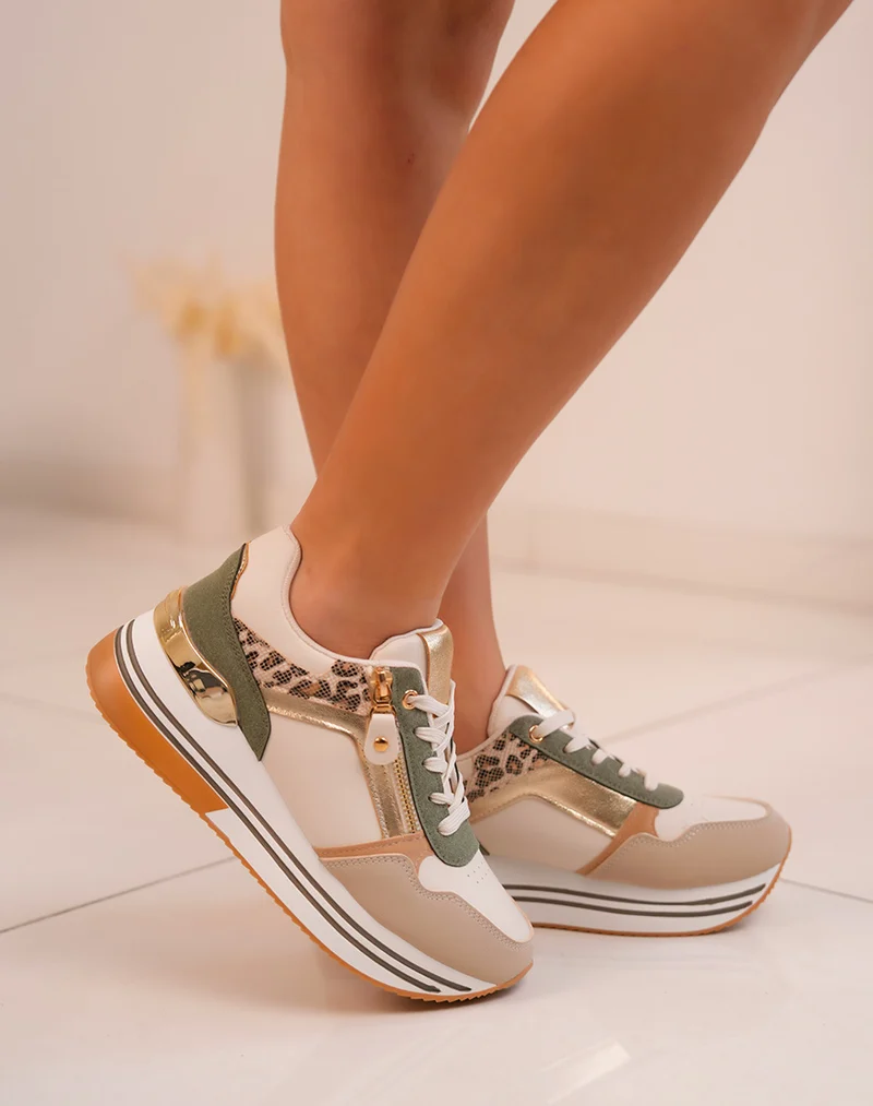 Basket femme verte et beige tendance avec détails léopard et dorés