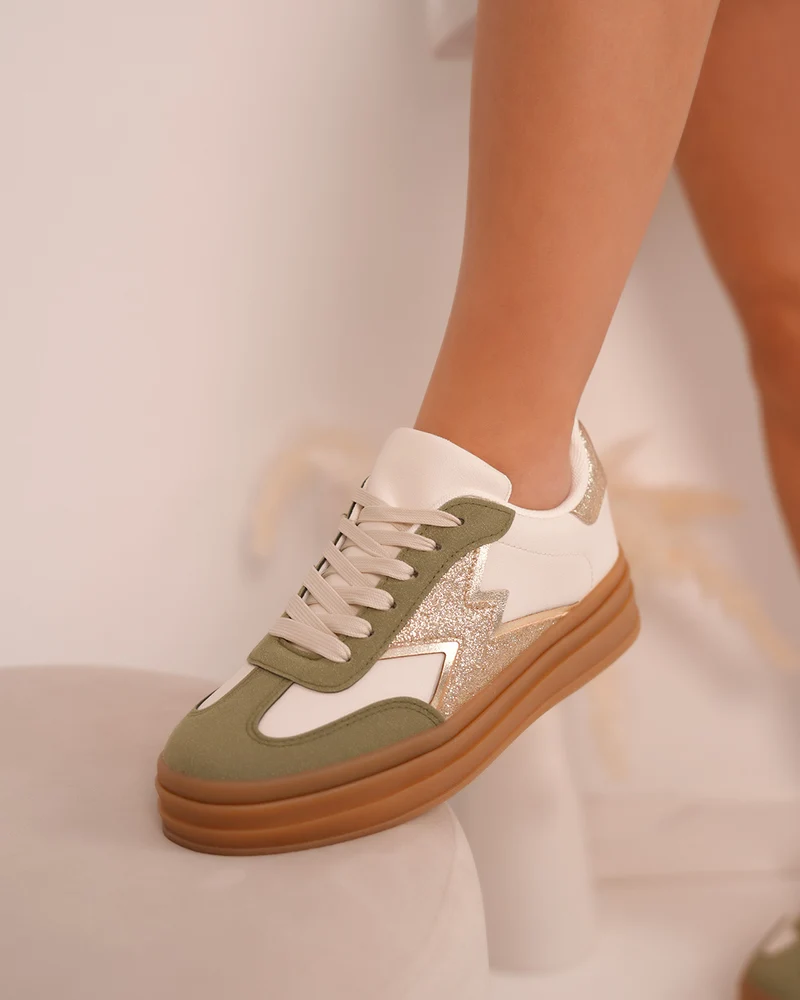 Basket femme beige avec empiècements kaki et doré pailleté