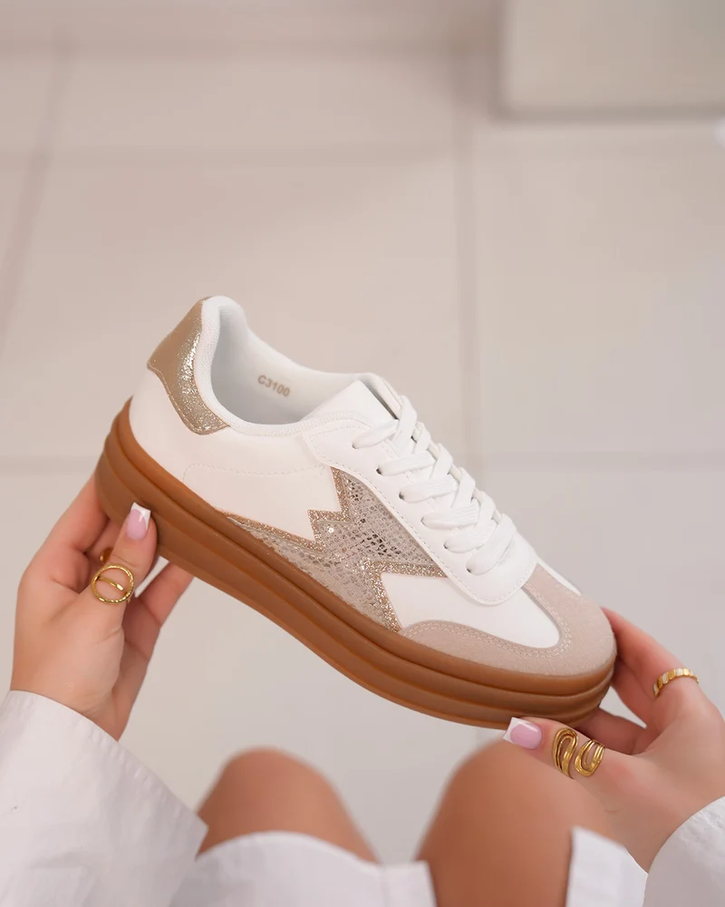 Basket femme blanche avec empiècements beige et doré pailleté