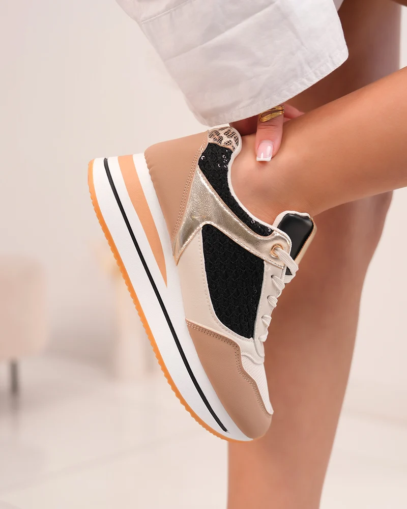 Basket femme beige et noire tendance avec broderie pailletée et dorures