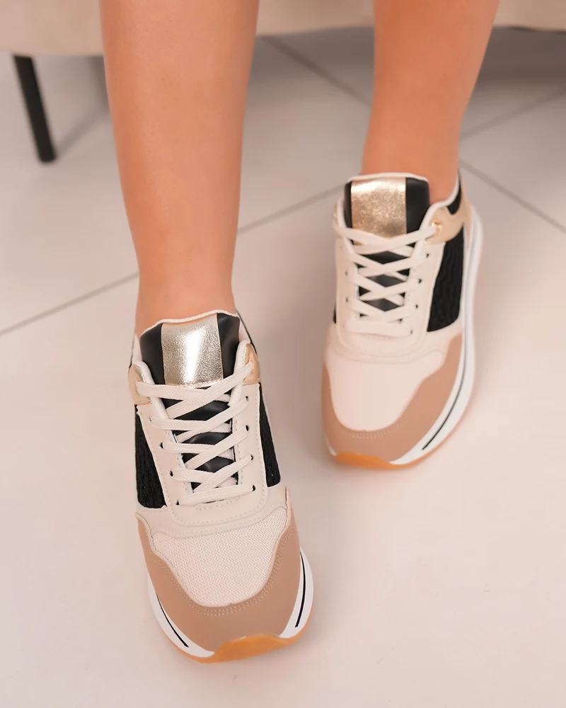 Basket femme beige et noire tendance avec broderie pailletée et dorures