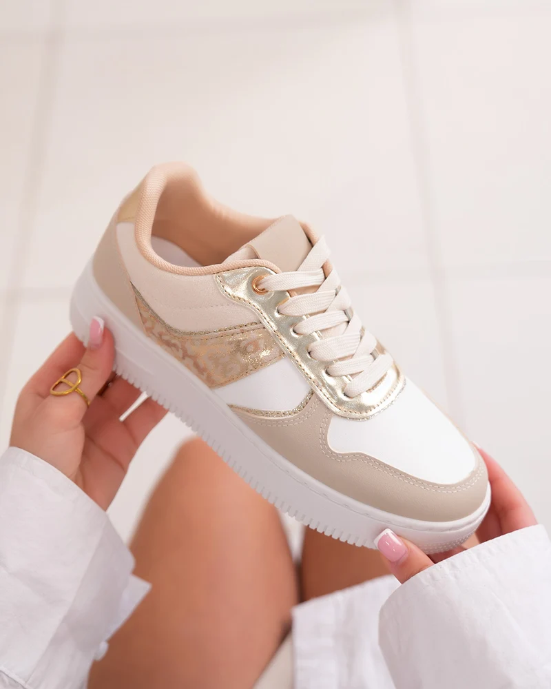 Basket femme blanche et beige élégante avec détail léopard doré