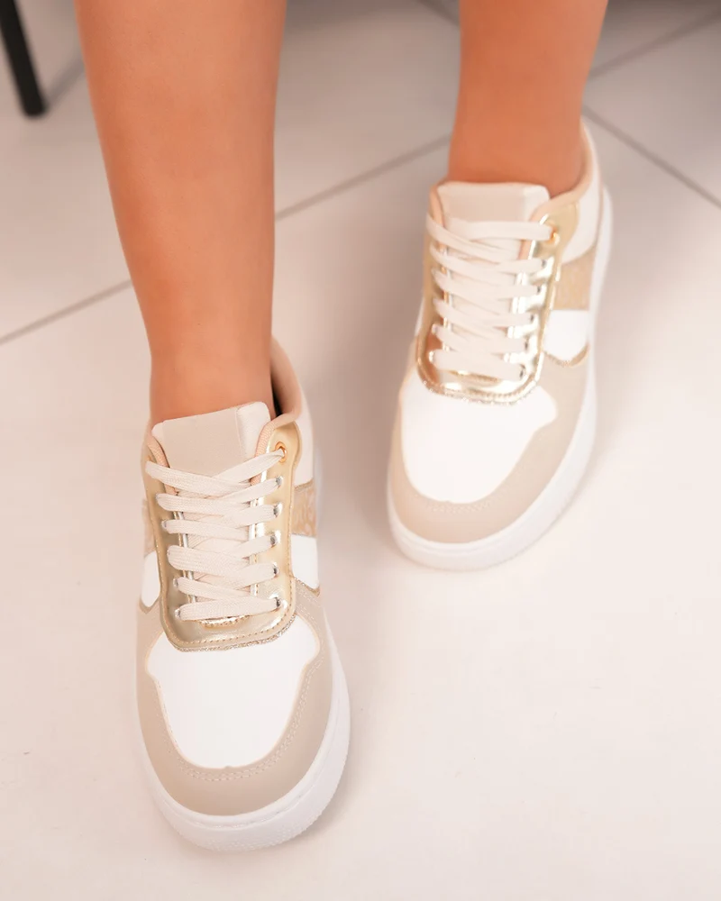 Basket femme blanche et beige élégante avec détail léopard doré