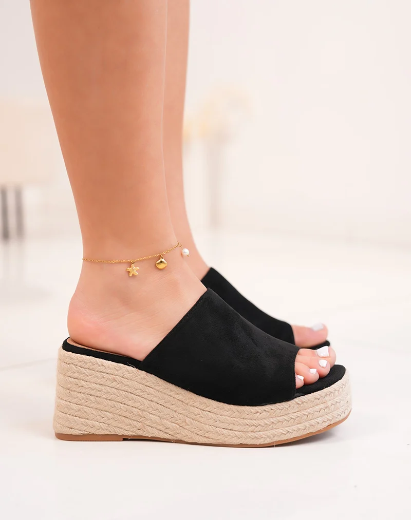 Mules FINDLAY femme en suédine noire à talon compensé brodé