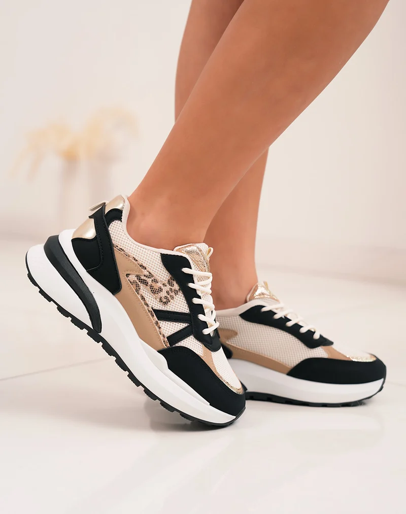 Baskets femme noires tendance avec touches dorées et imprimé léopard