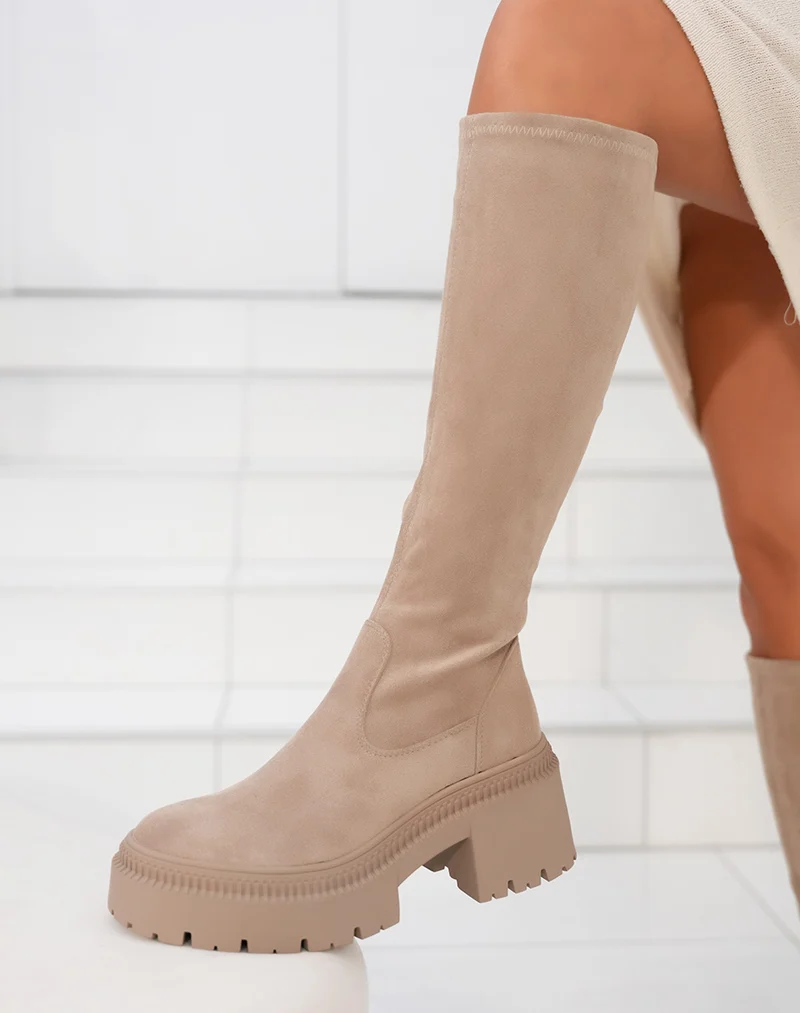 Bottes femme taupe effet chaussette avec semelle crantée et talon de 6 cm