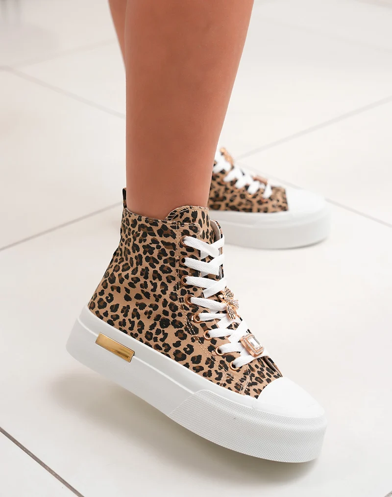 Baskets montantes femme léopard tendance avec plateforme et détails dorés