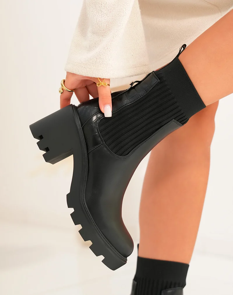 Bottines noires bi-matière style chelsea à talon