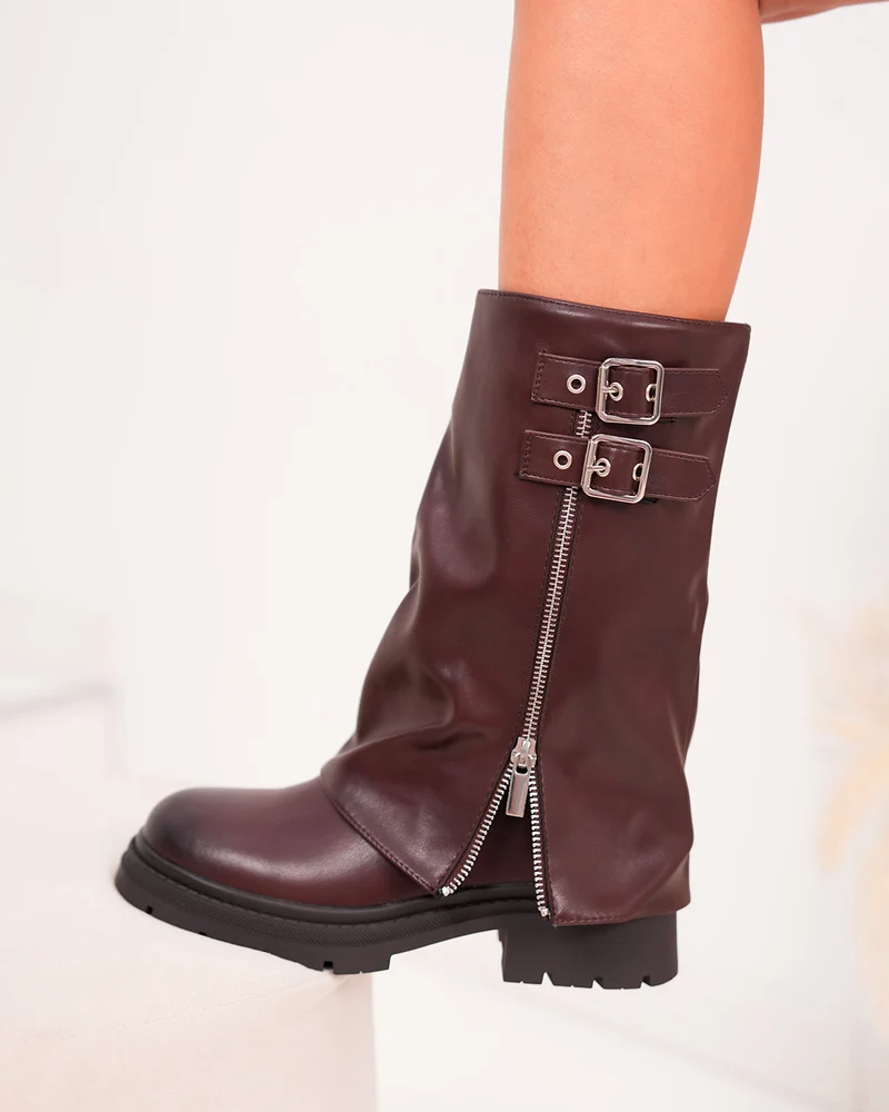 Bottines femme bordeaux à revers et double boucle tendance