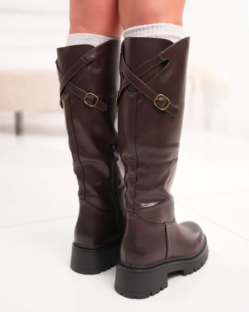 Bottes femme marron à lanière dorée et semelle crantée tendance