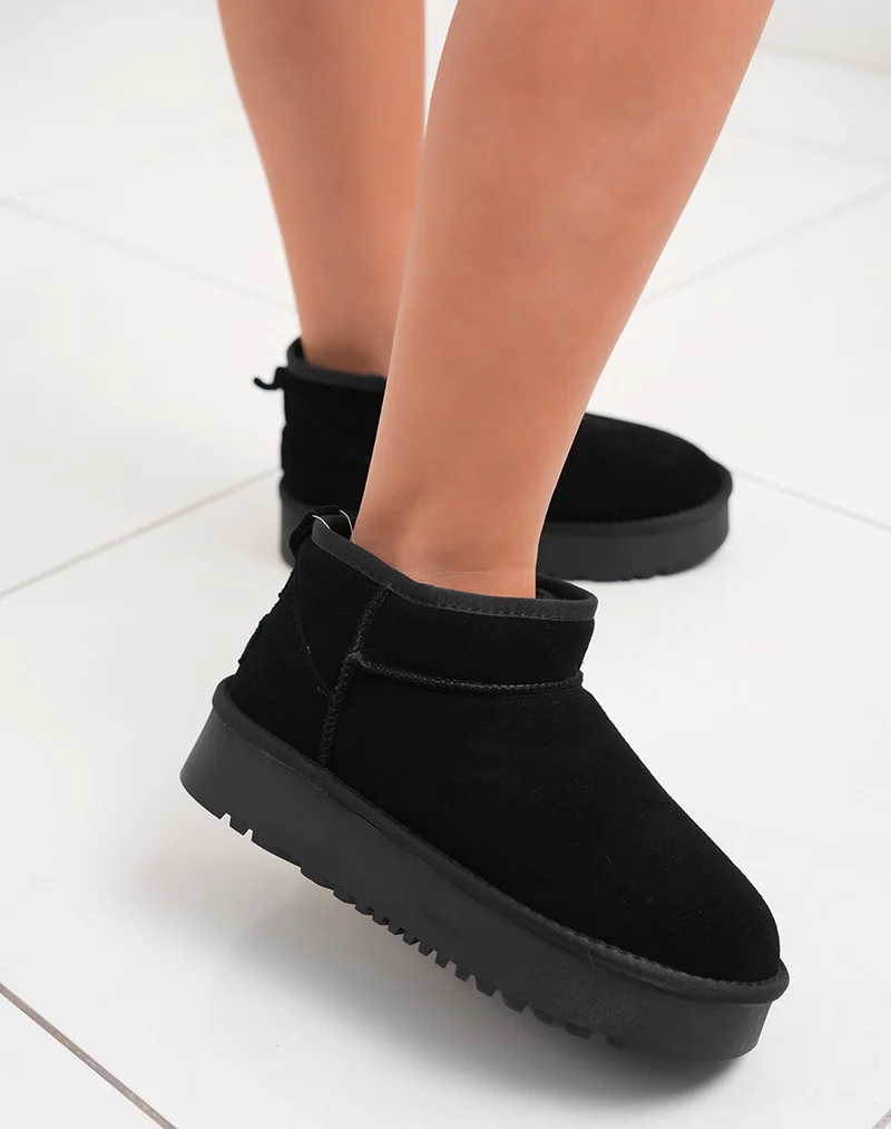 Bottines femme basses en cuir noir fourrées avec plateforme