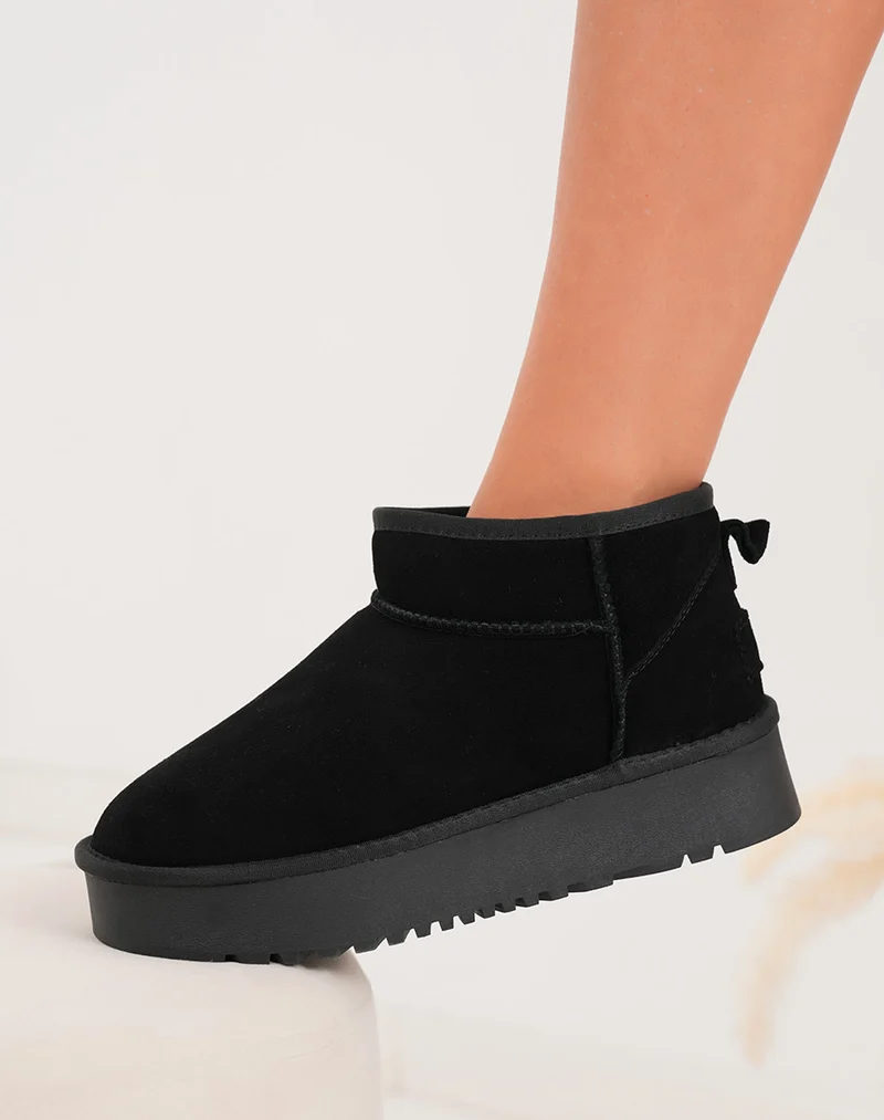 Bottines femme basses en cuir noir fourrées avec plateforme