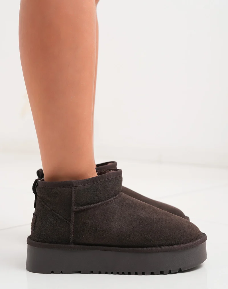 Bottines femme basses en cuir marron fourrées avec plateforme