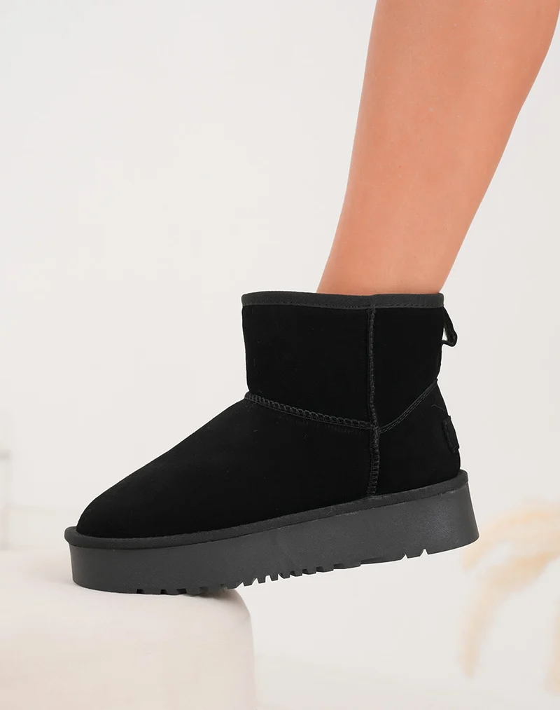 Bottines femme mi-hautes en cuir noir fourrées avec plateforme