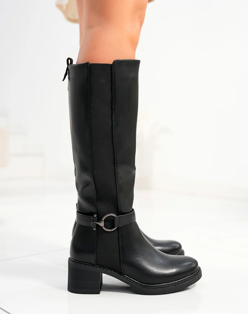 Bottes femme noires à talon moyen avec élastique et sangle décorative