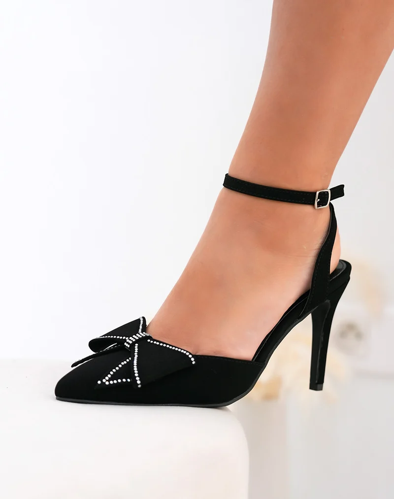 Escarpins femme noirs en suédine avec noeud à strass et talon fin