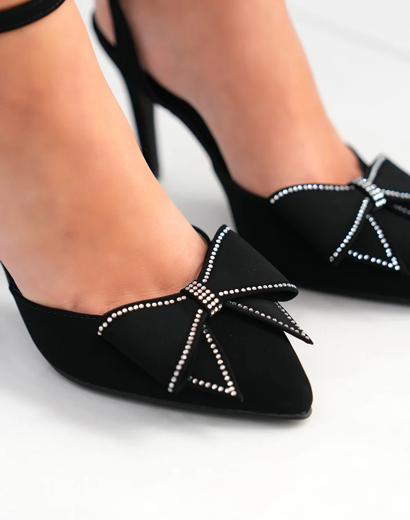 Escarpins femme noirs en suédine avec noeud à strass et talon fin
